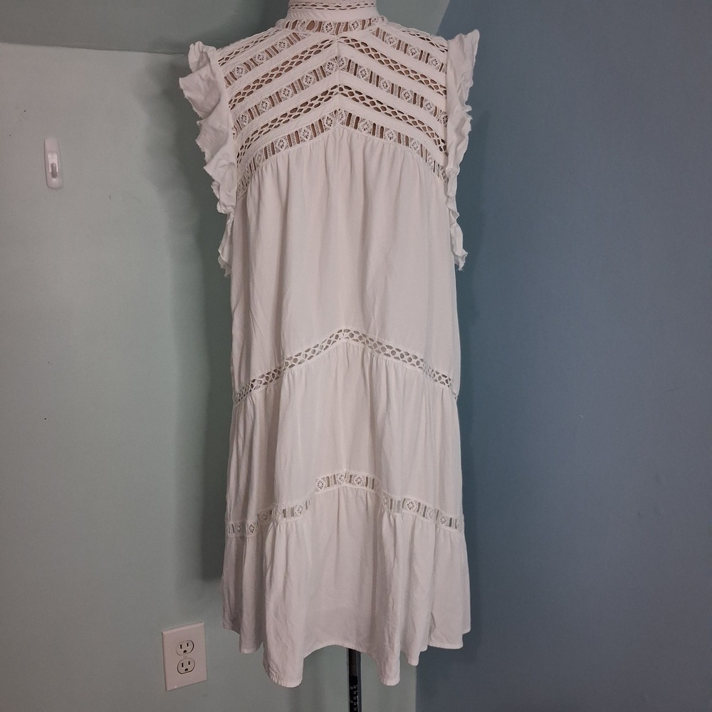 ba&sh White Eyelet Lace Tiered Mini Dress High Neck Ruffle Sleeveless Small